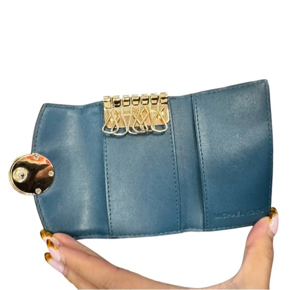 Michael Kors Teal Monogram Trifold Key Case Wallet Gold‎ Tone MK Logo Medallion